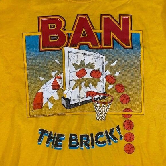 Vintage George Lehmann Ban the Brick Basketball T-Shirt Large Made in USA Yellow - Picture 2 of 7